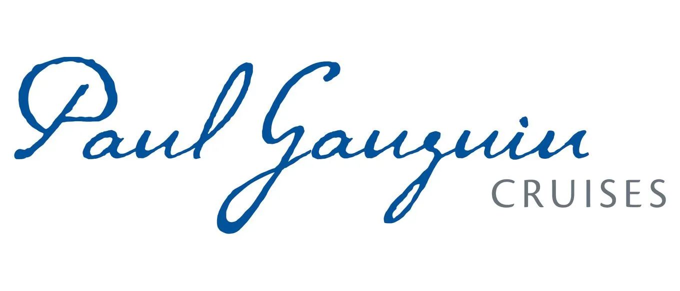 The logo for paul gauguin cruises is blue and white.