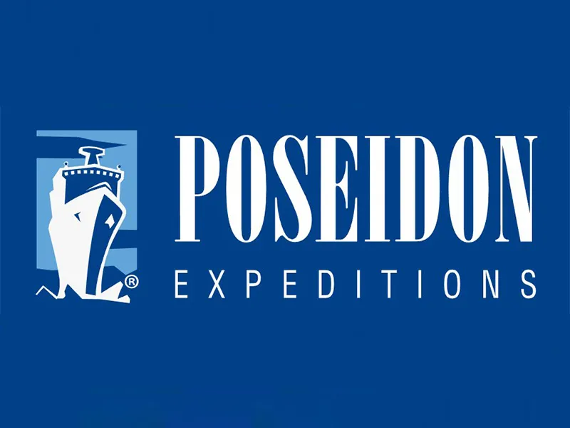 Poseidon expeditions logo on a blue background