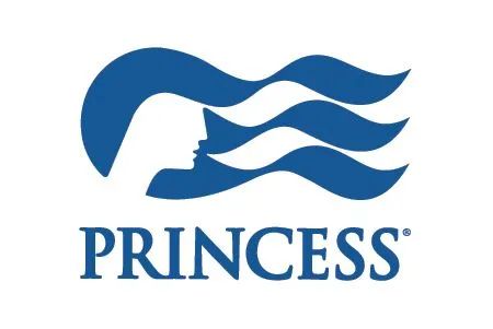 A blue and white logo for princess cruises with a woman 's head and waves.