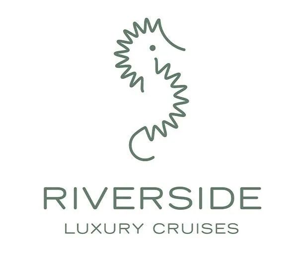 A logo for riverside luxury cruises with a seahorse on it