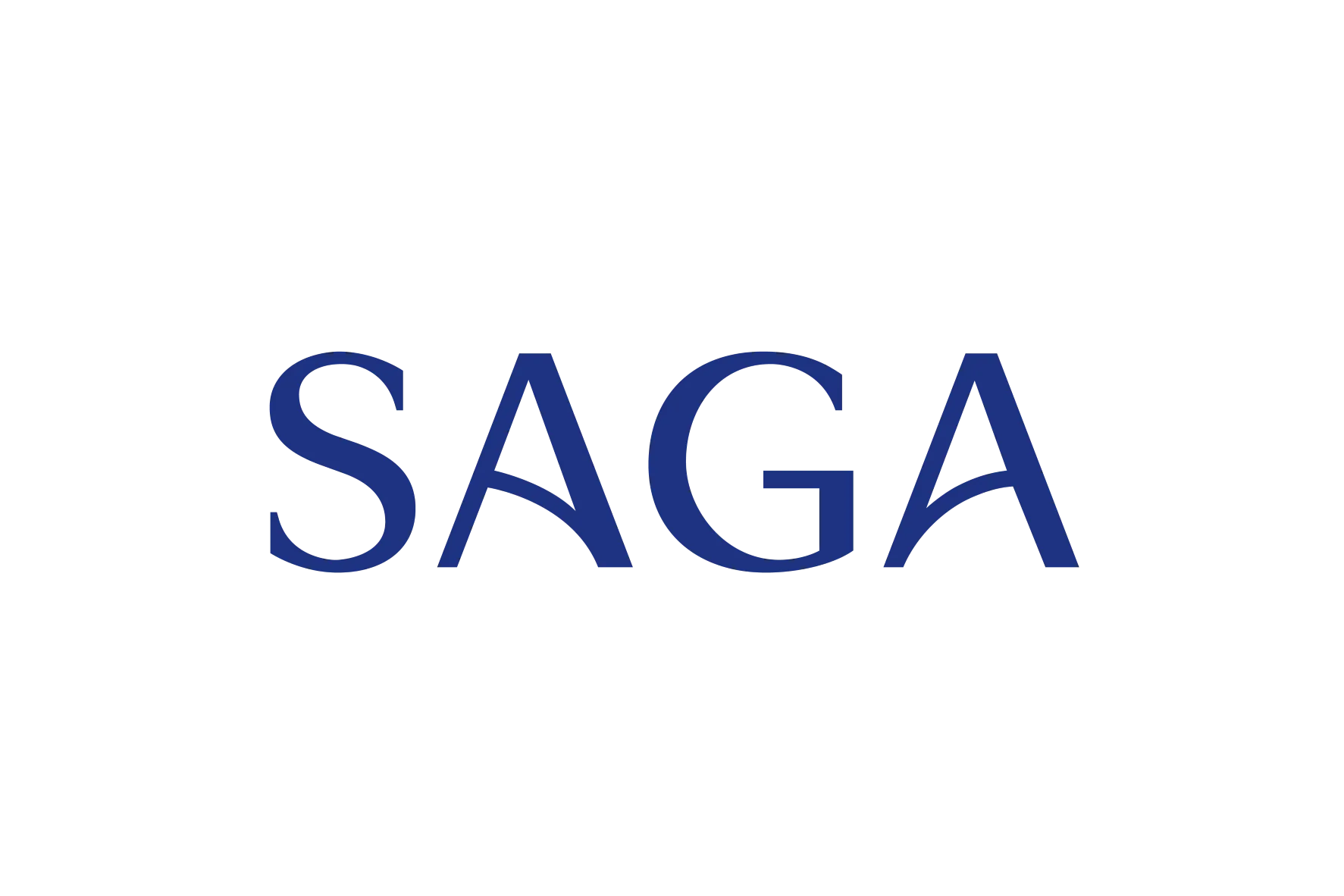 The saga logo is blue and white on a white background.