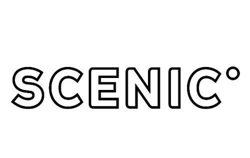 A black and white logo for scenic on a white background.