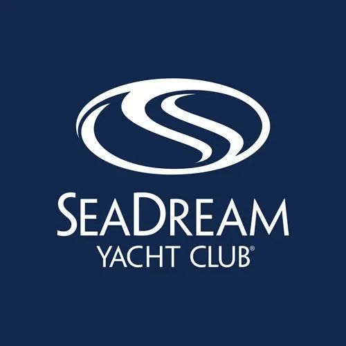 The seadream yacht club logo is on a blue background.