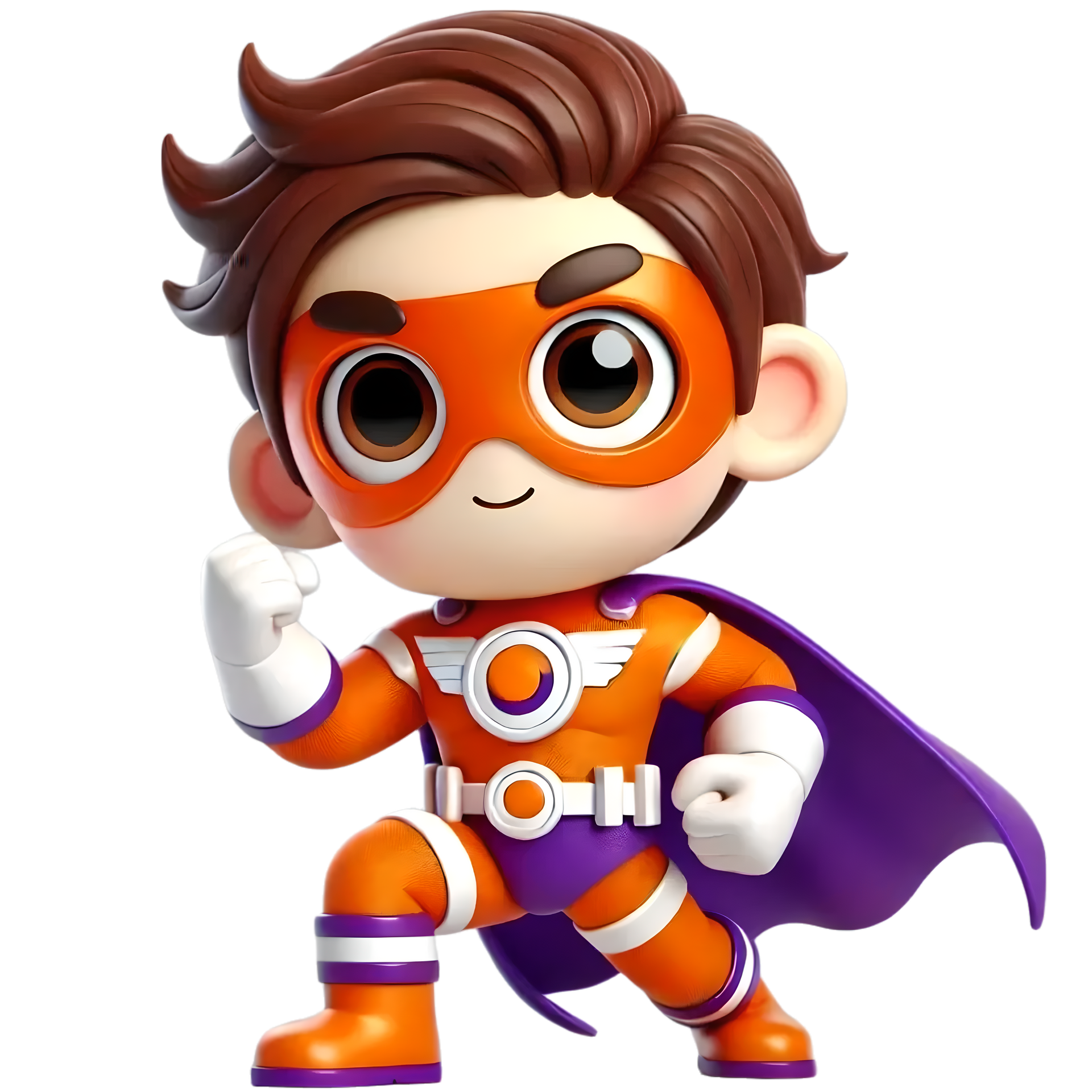 A little boy in an orange and purple superhero costume