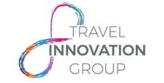 A travel innovation group logo with a colorful swirl