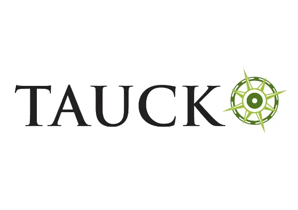 A logo for tauck with a green compass on a white background