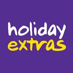 A logo for holiday extras on a purple background
