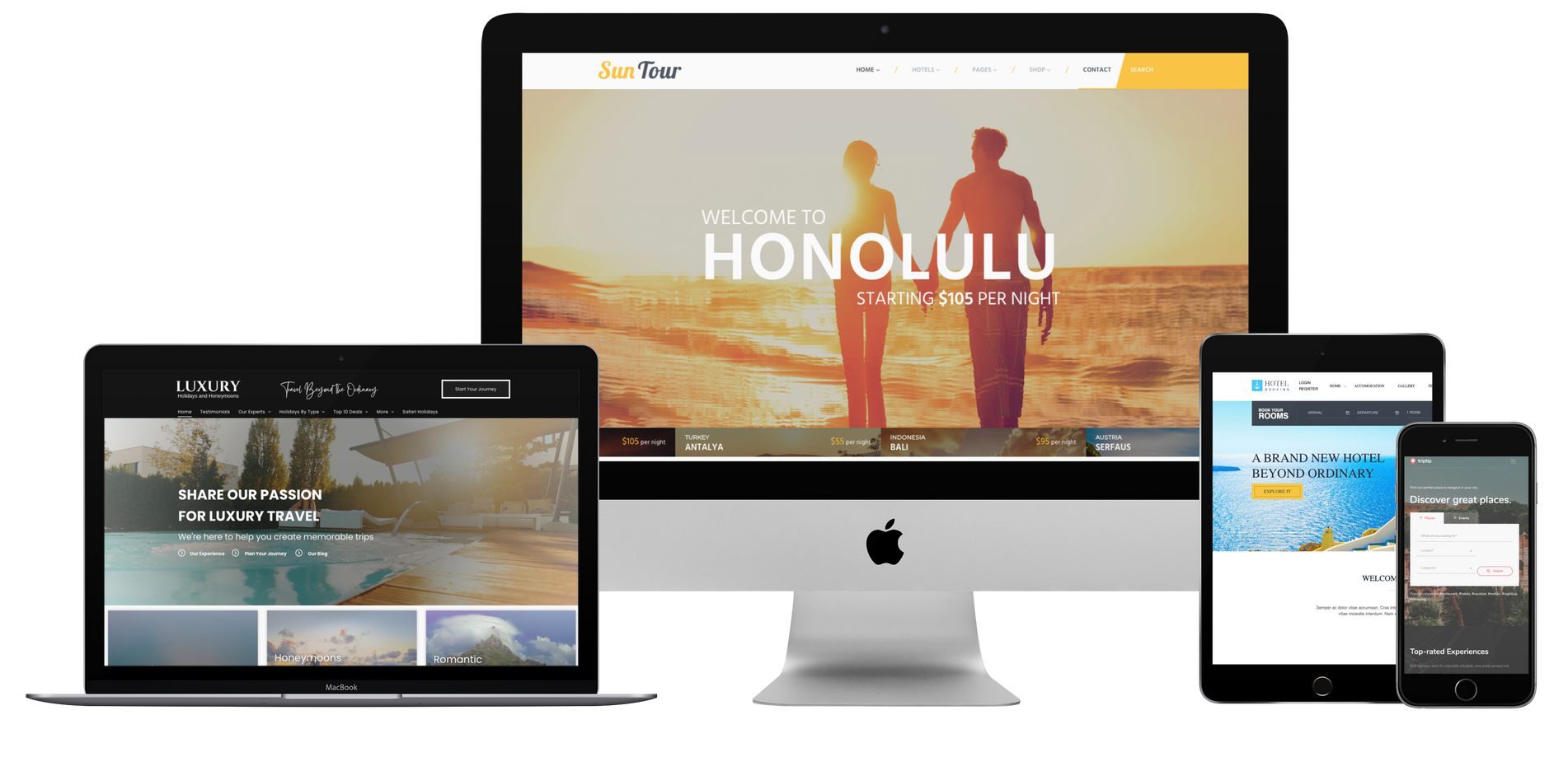 A computer , laptop , tablet and phone are displaying a website for honolulu.