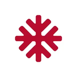 A red snowflake with arrows pointing in opposite directions on a white background.