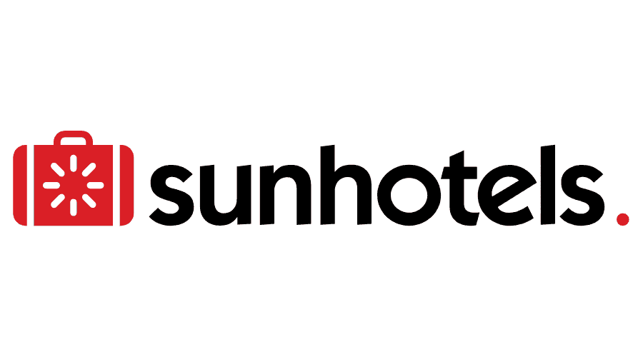 The sunhotels logo is red and black and has a suitcase on it.