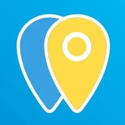 A blue and yellow map pin icon on a blue background.