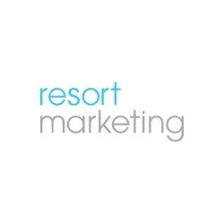 The logo for resort marketing is blue and white on a white background.