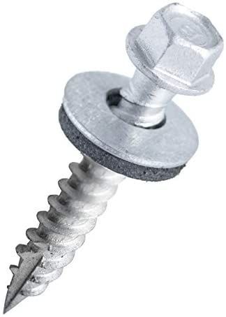 Metal screw with washer and hex head on a white background