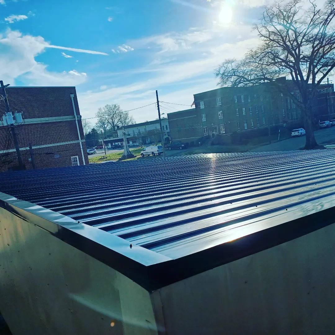 Metal rooftop under bright blue sky, with buildings and leafless trees in the background.