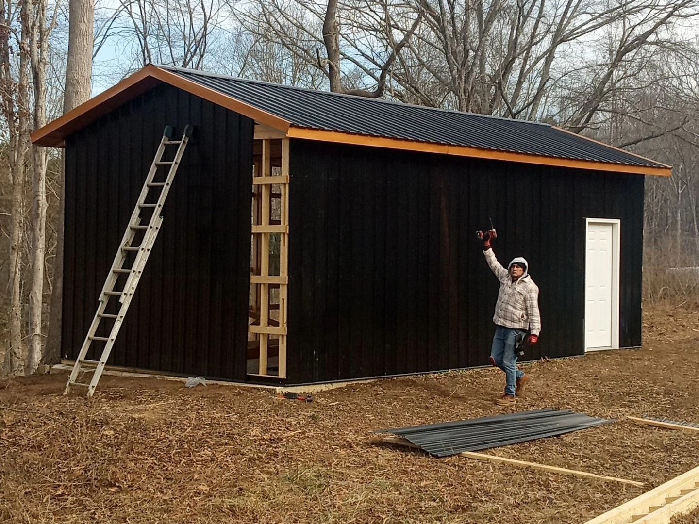 Black shed under construction in a wooded lot, with a ladder leaning against it and a person standing nearby.