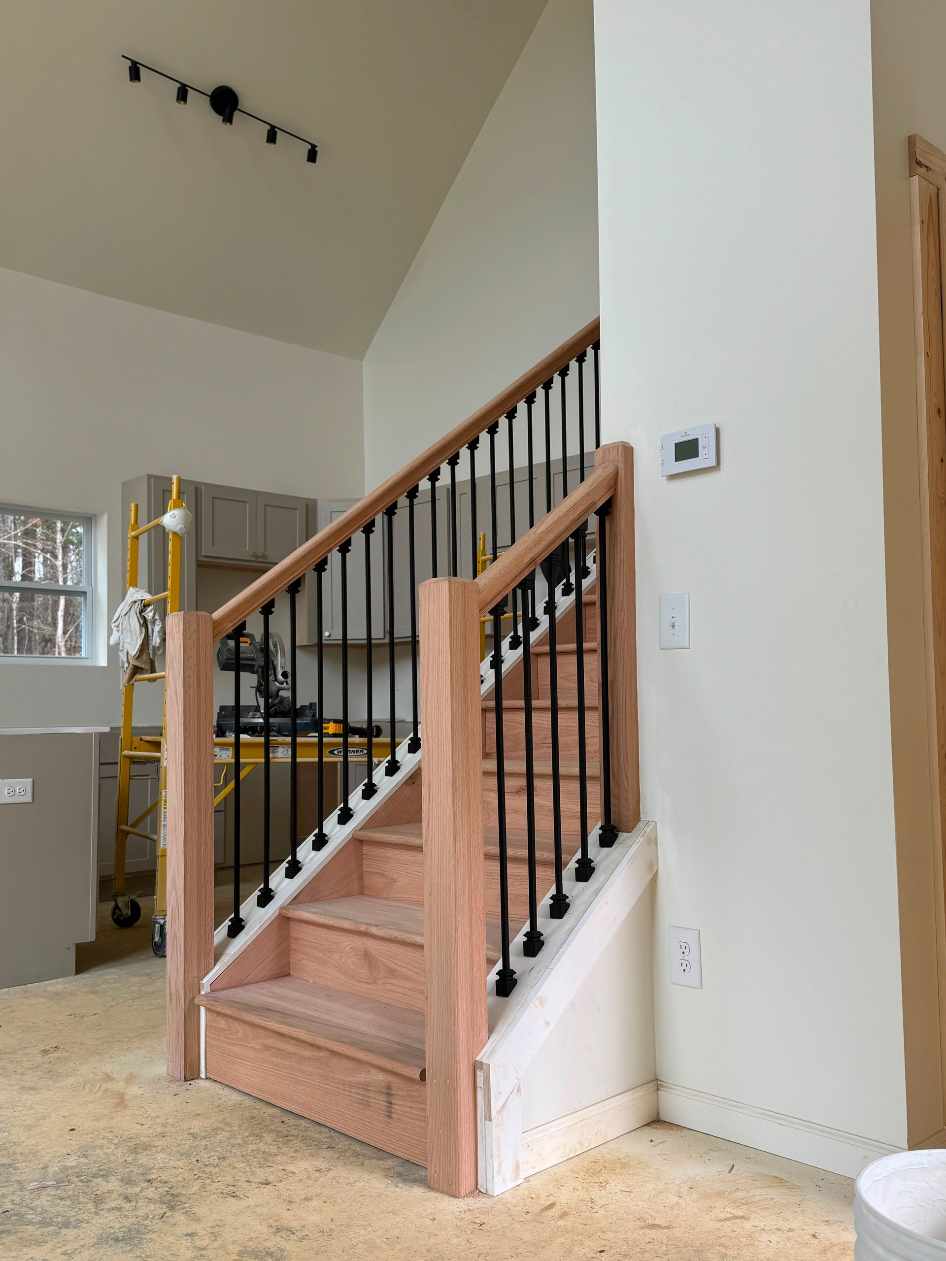 Indoor staircase with pink carpeted steps, black railing, and white walls in a bright home interior