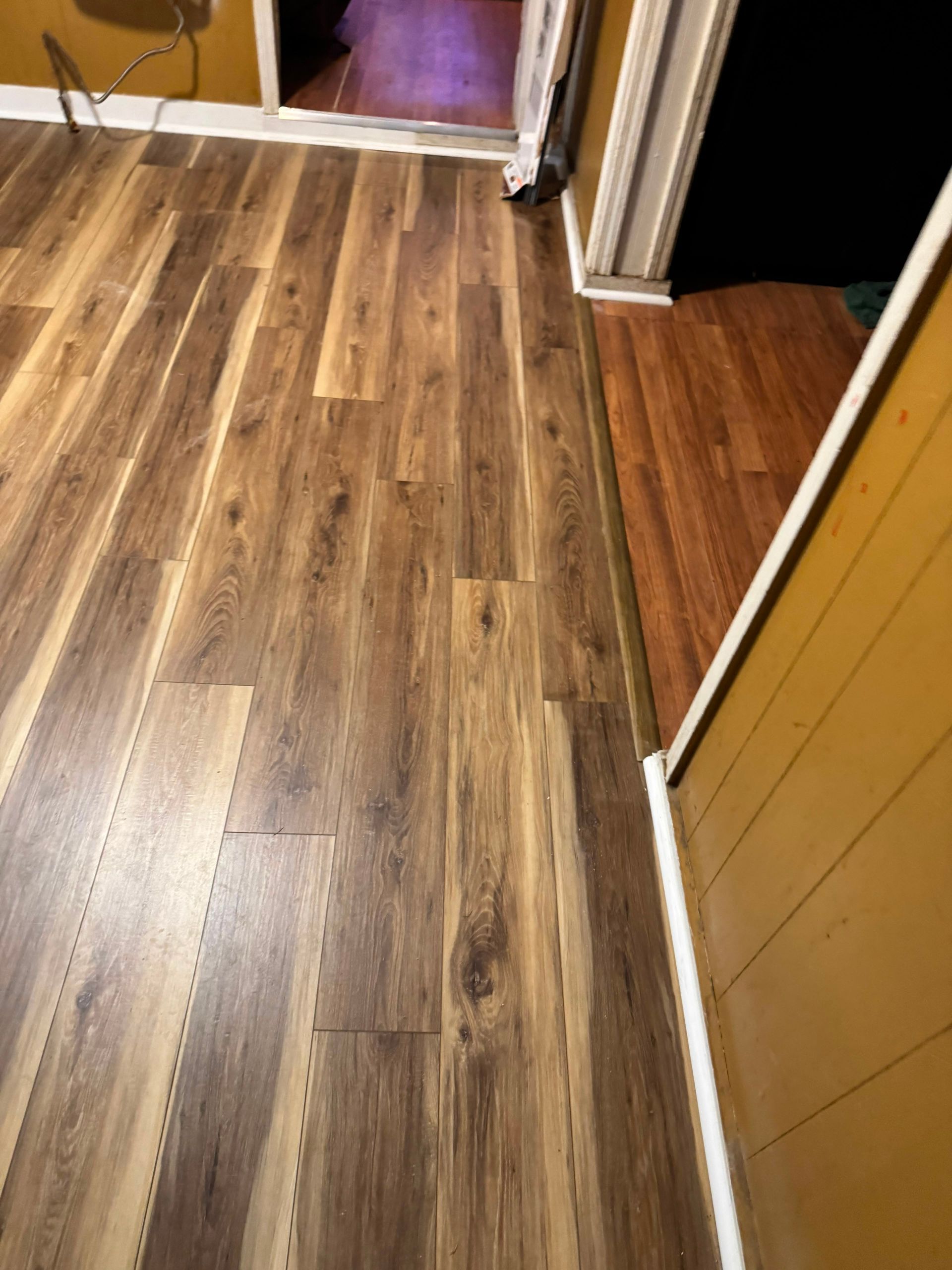 Wood-look hallway floor with a doorway and dark room beyond