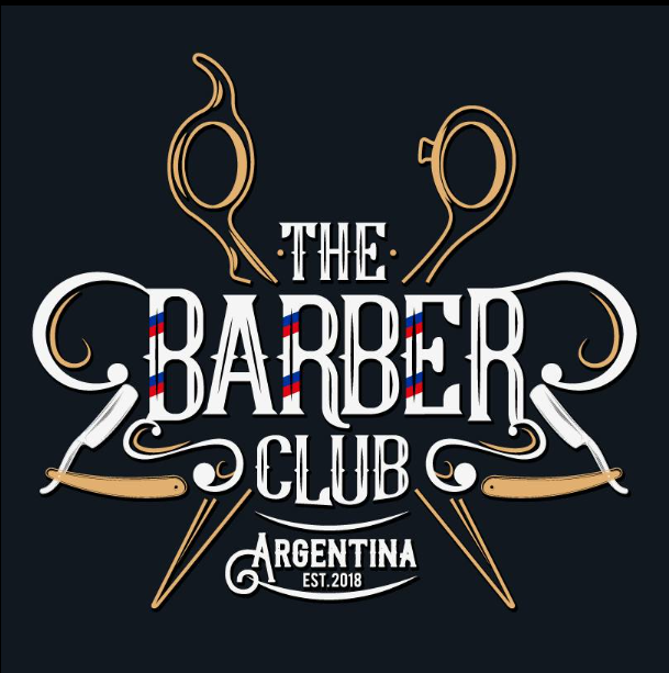 Logotipo de The Barber Club Argentina. Incluye tijeras y navajas de afeitar.
