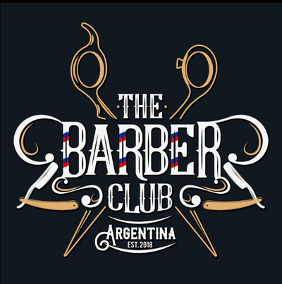 Logotipo de The Barber Club Argentina. Incluye tijeras y navajas de afeitar.