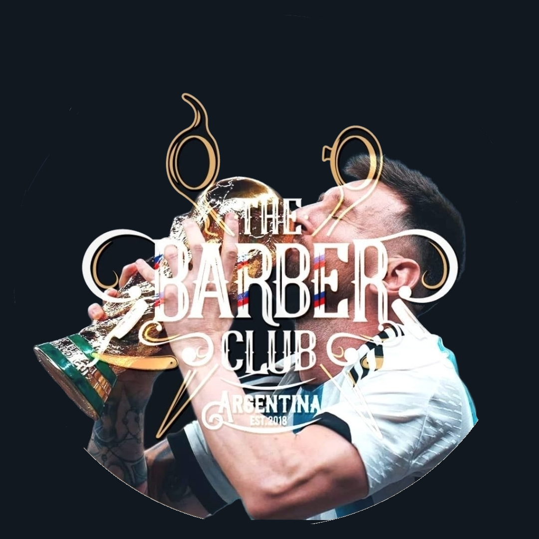 Lionel Messi besando el trofeo de la Copa del Mundo, con el logo del club de barbería superpuesto.