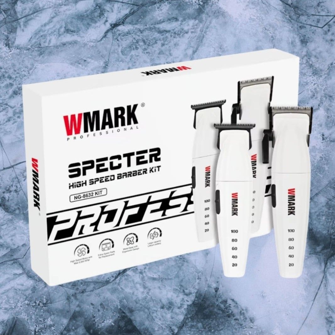 Caja blanca con kit de peluquería de alta velocidad Wmark Specter y tres cortapelos blancos. Fondo azul grisáceo texturizado.