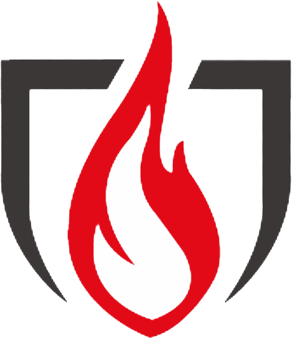 A red flame is surrounded by a black shield on a white background.
