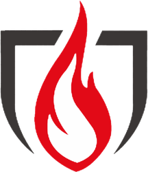A red flame is surrounded by a black shield on a white background.