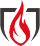 A red flame is surrounded by a black shield on a white background.