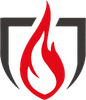 A red flame is surrounded by a black shield on a white background.