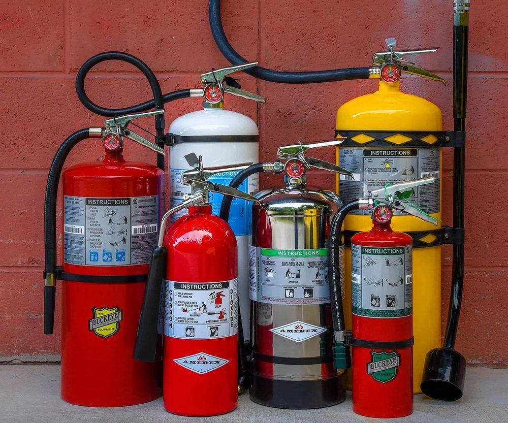 A group of fire extinguishers are lined up in front of a brick wall