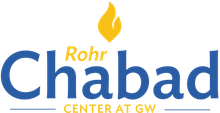 the logo for rohr chabad center at gw has a yellow flame on it .