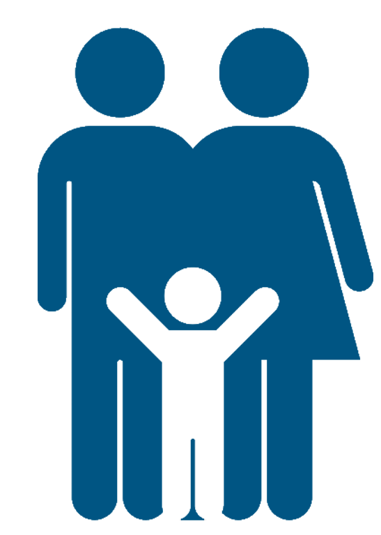 A blue icon of a family with two people and a child.
