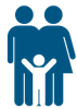 A blue icon of a family with two people and a child.