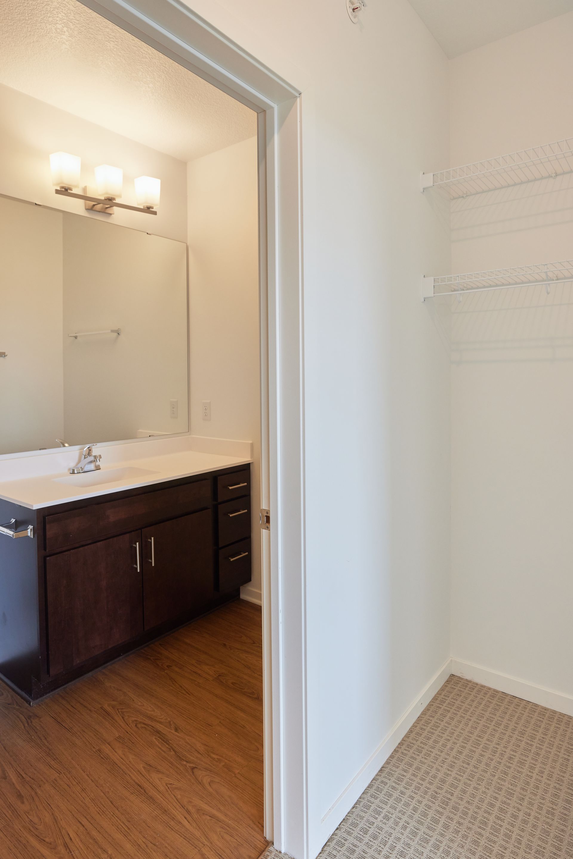 Open doorway to bathroom, view of vanity and mirror. Closet with wire shelving on the right.