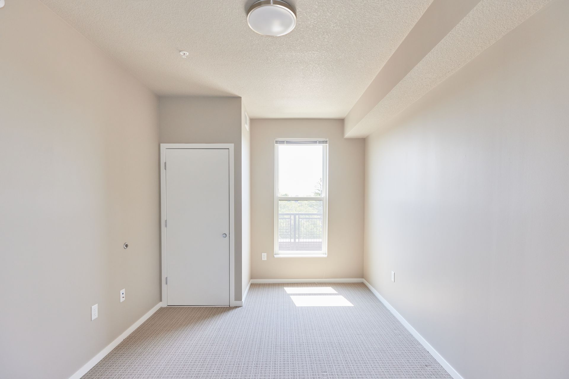 Empty beige-walled room with a window, white door, and light carpet.