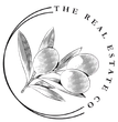 A black and white drawing of olives with leaves in a circle.