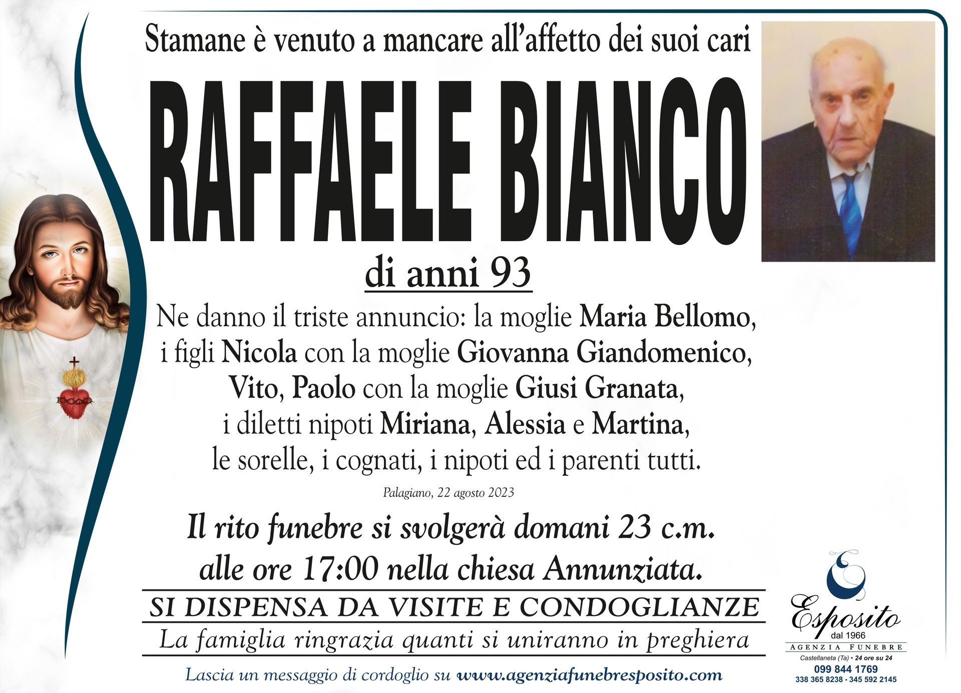 necrologio Raffaele Bianco