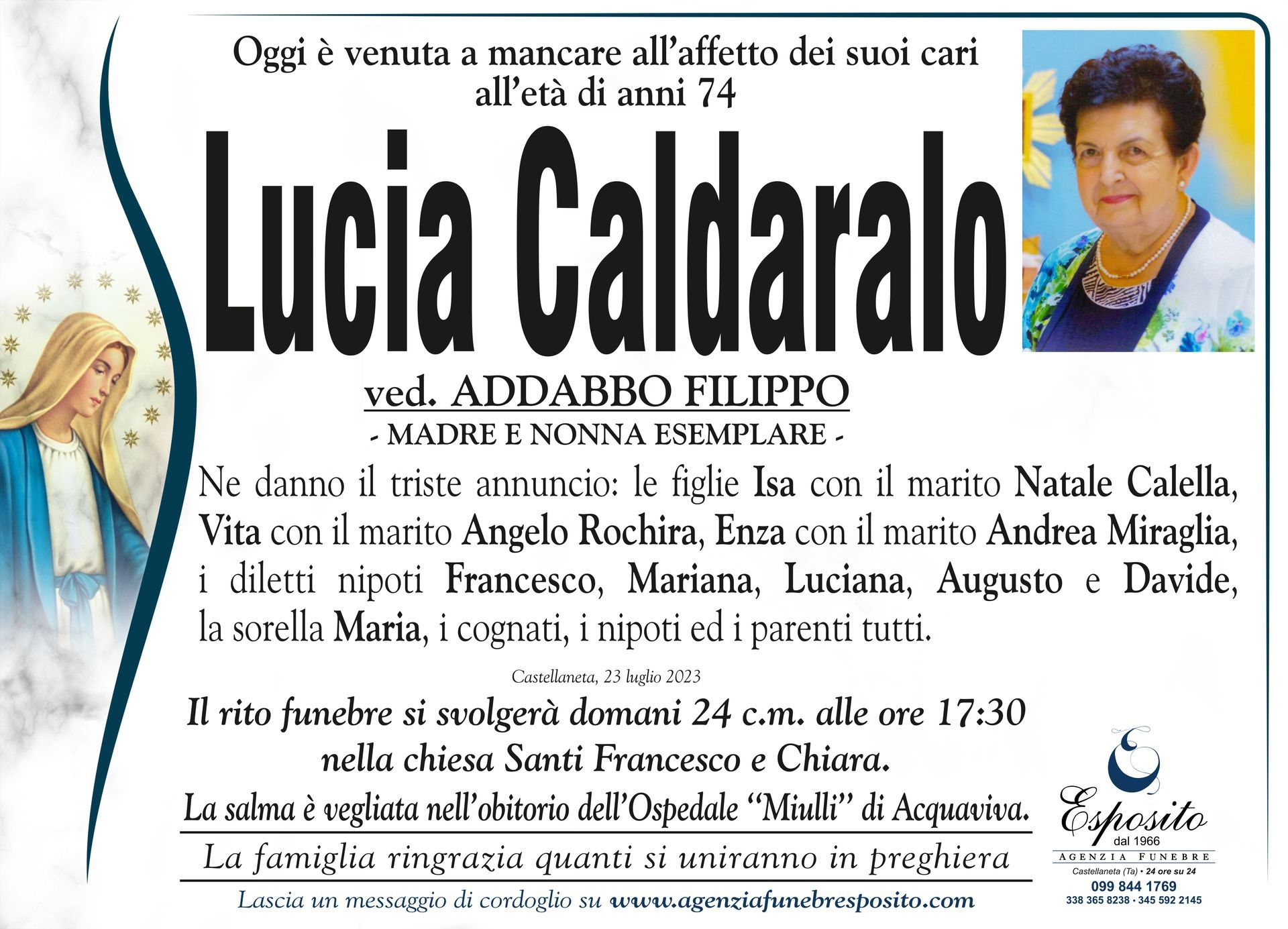 necrologio Lucia Caldaralo