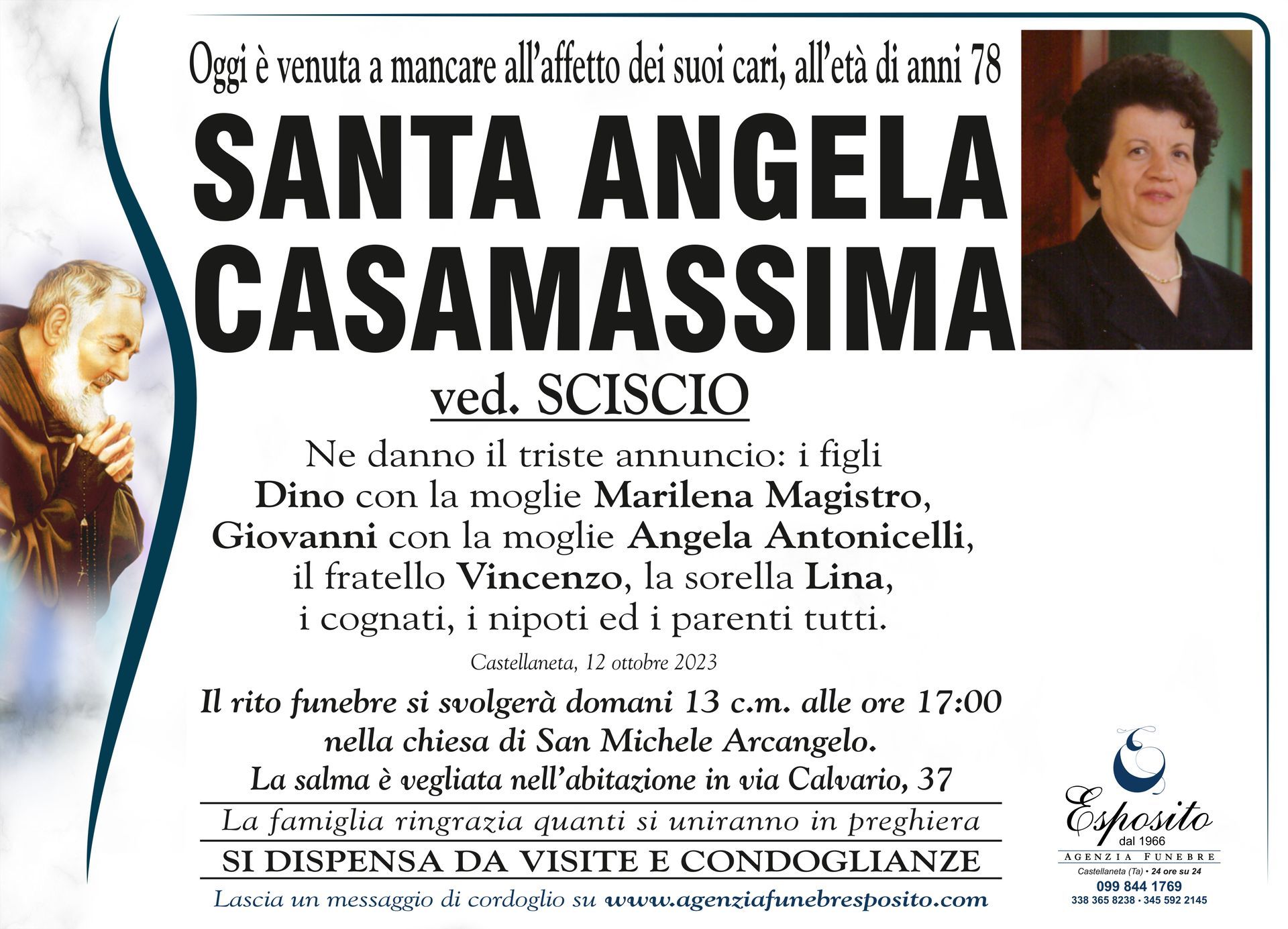 necrologio Angela Santa Casamassima
