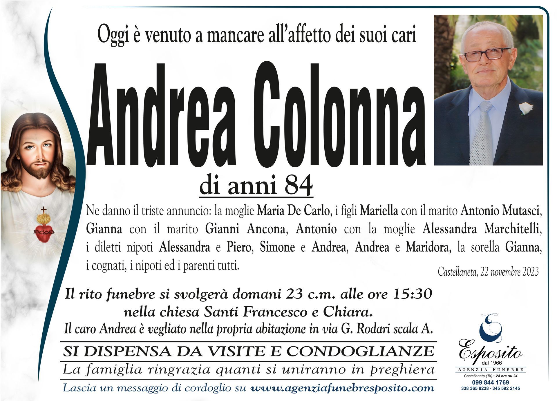 necrologio Andrea Colonna