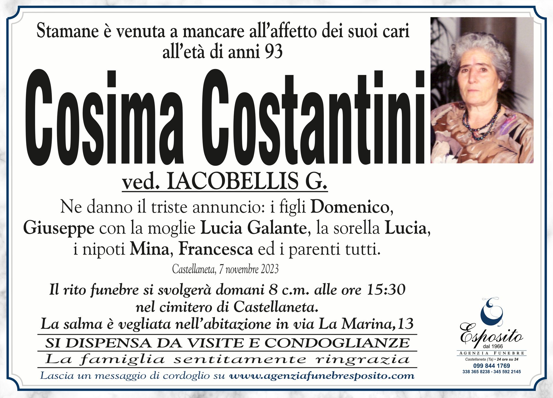 necrologio Cosima Costantini