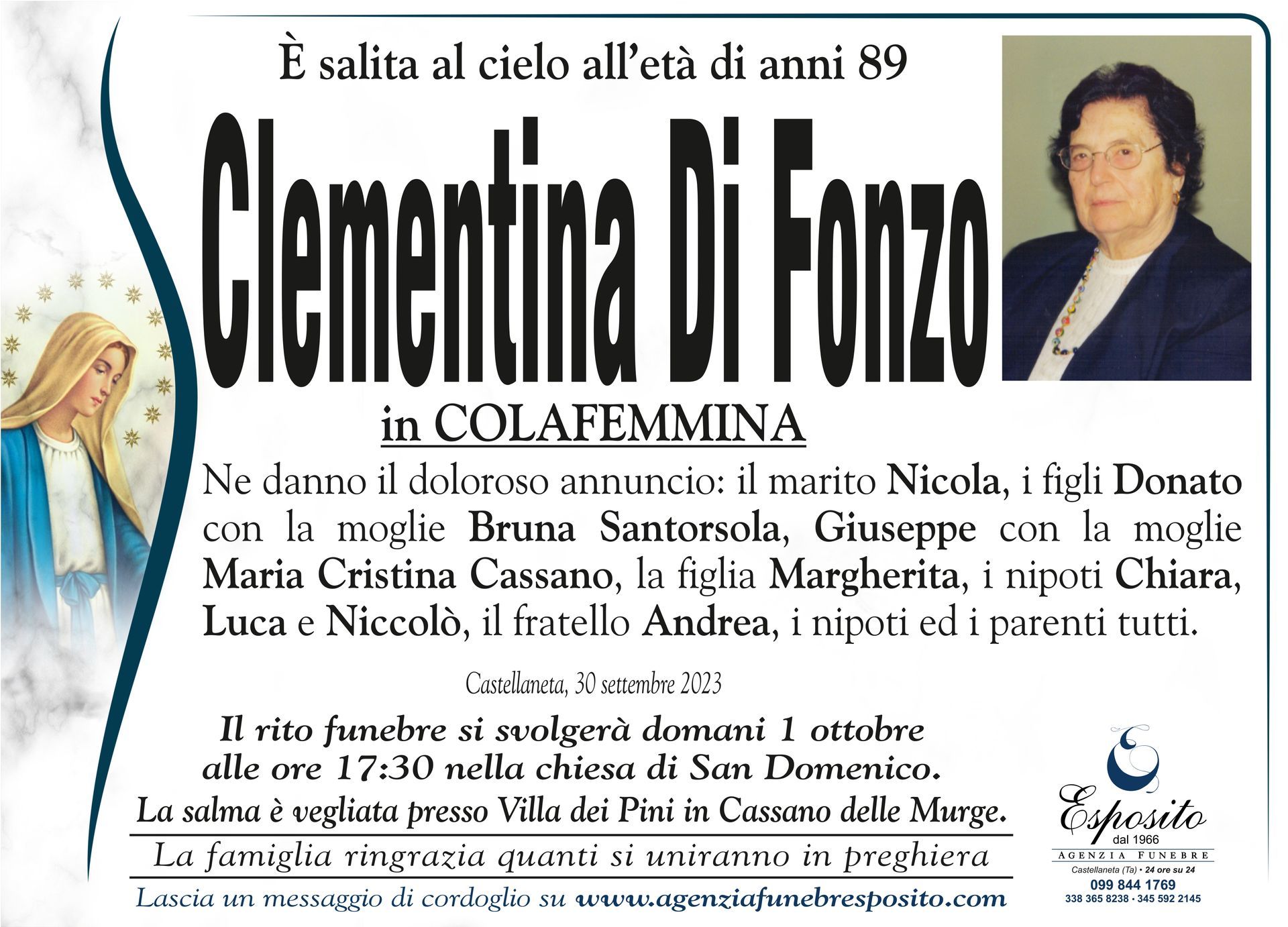 necrologio Clementina Di Fonzo