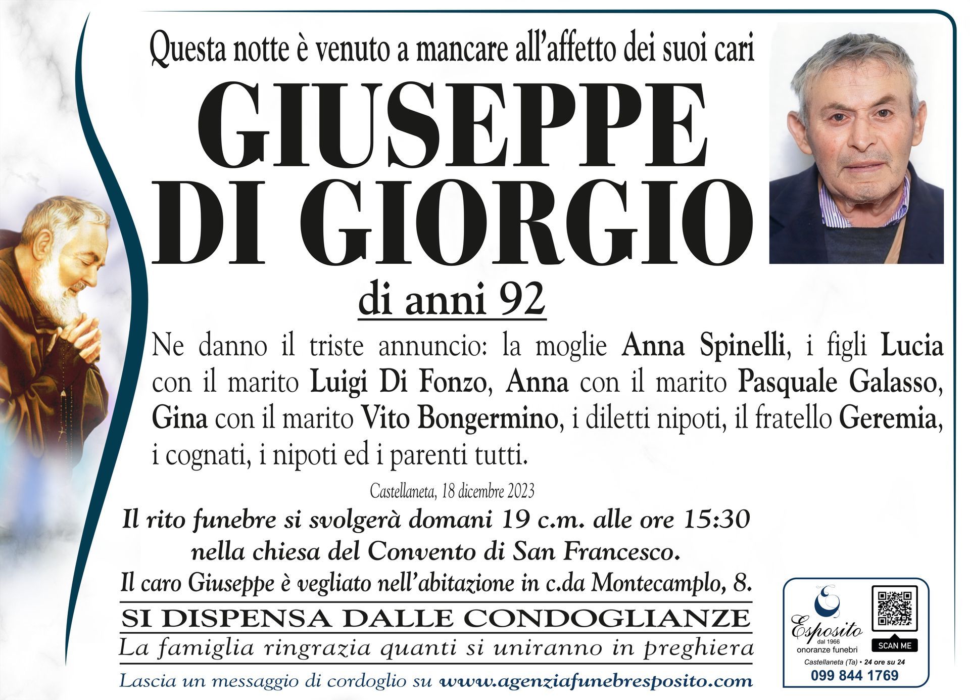 necrologio Giuseppe Di Giorgio