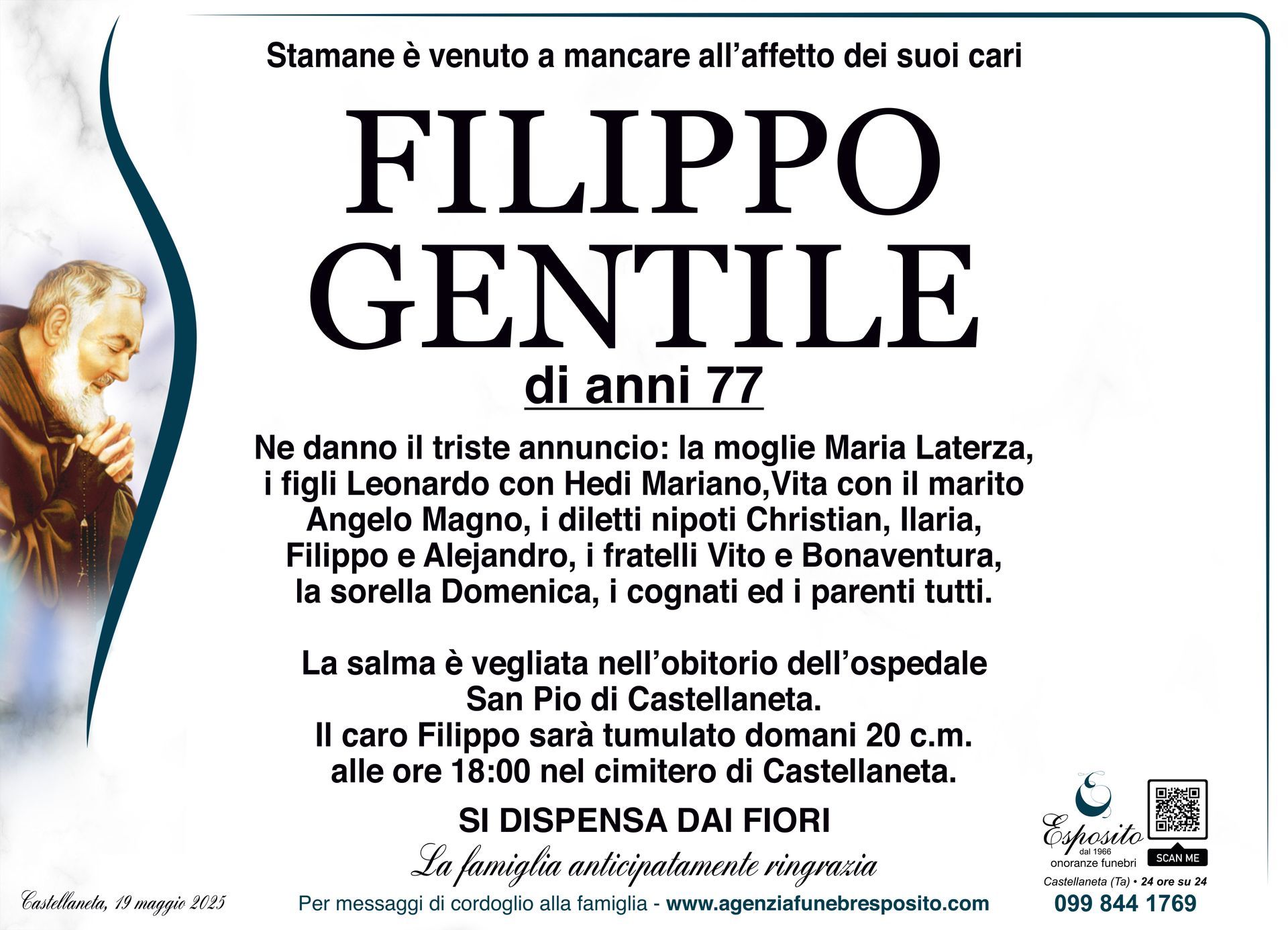 necrologio Filippo Gentile