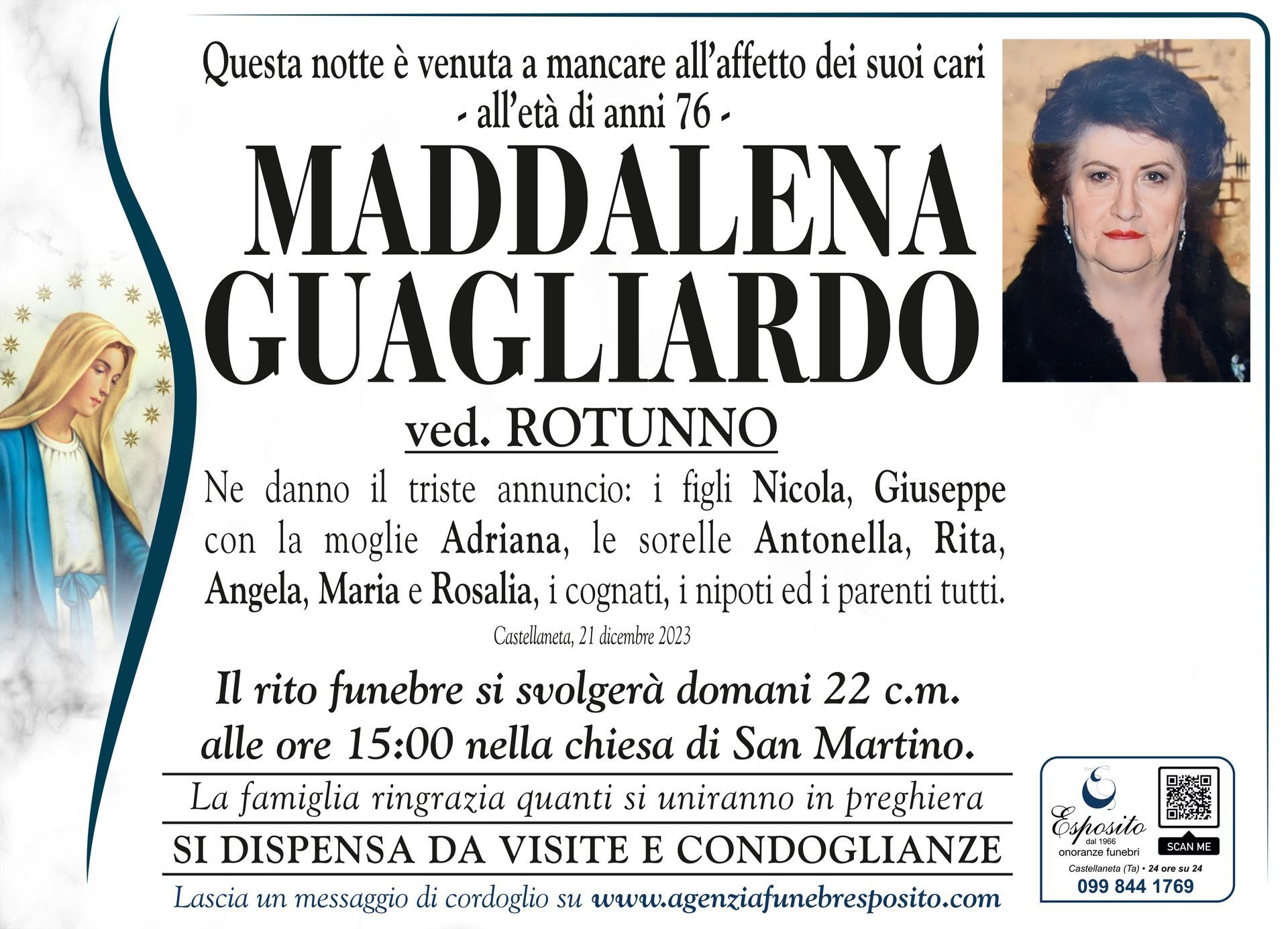 necrologio Maddalena Guagliardo