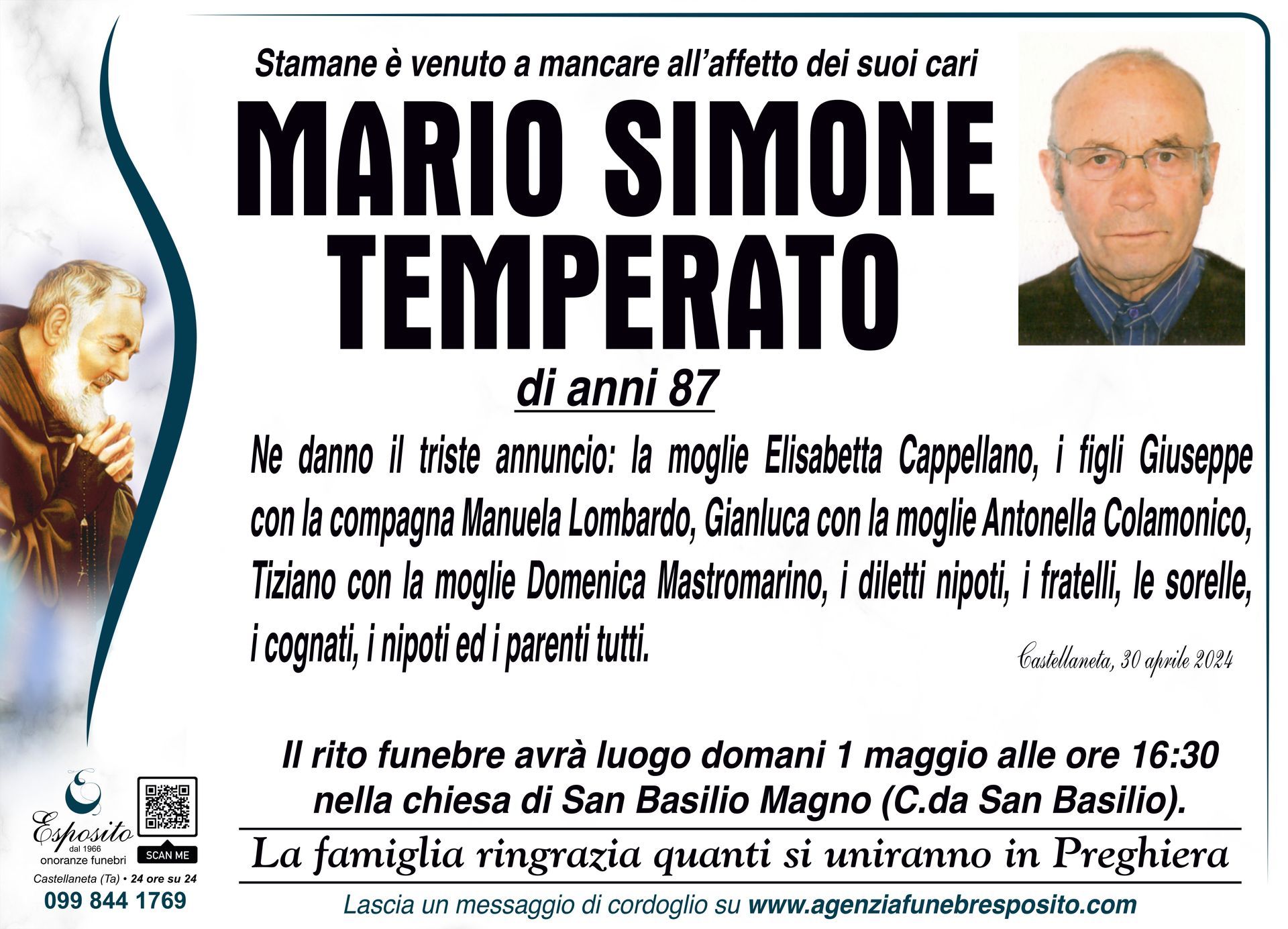 necrologio Mario Simone Temperato