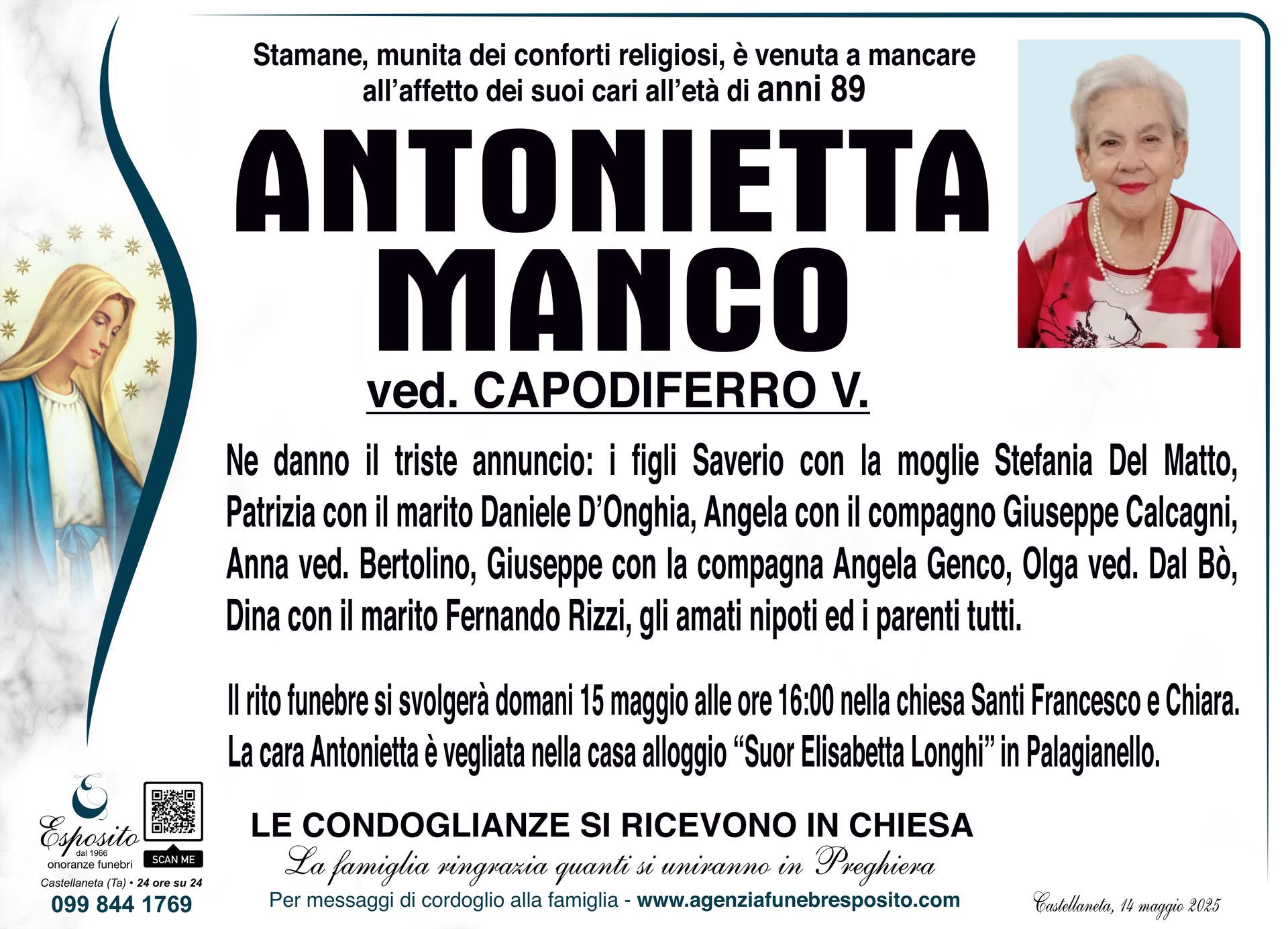 necrologio Antonietta Manco