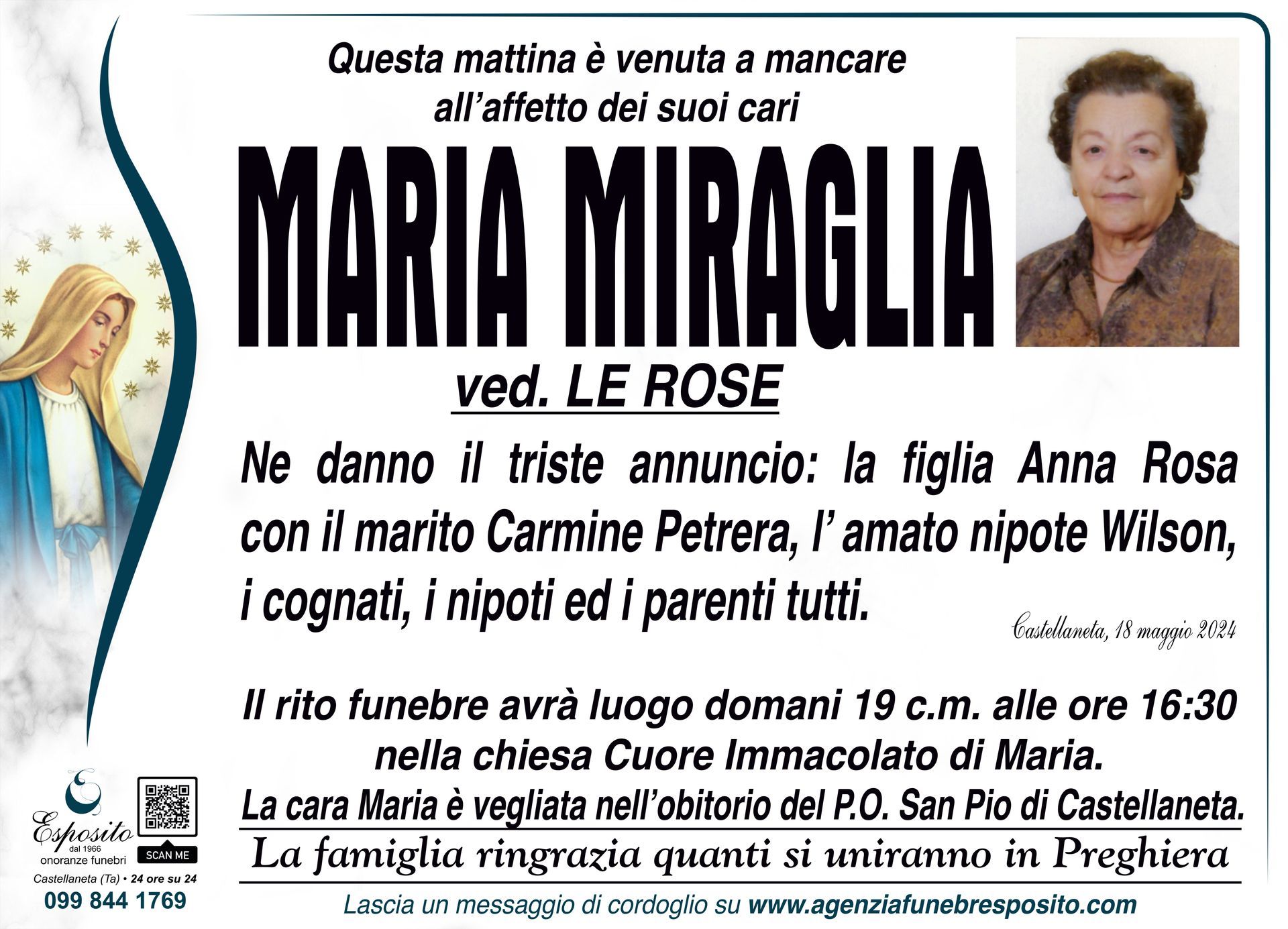 necrologio Maria Miraglia