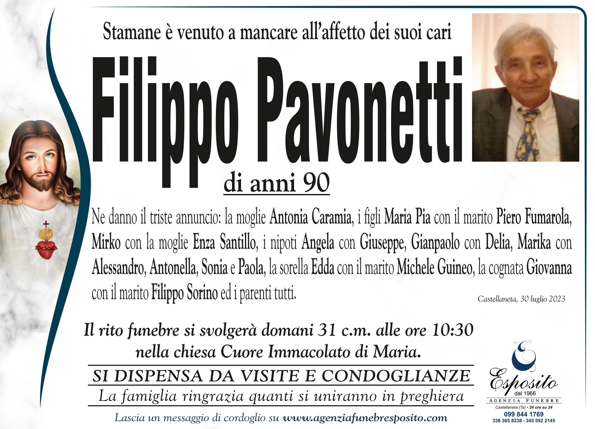 necrologio Filippo Pavonetti