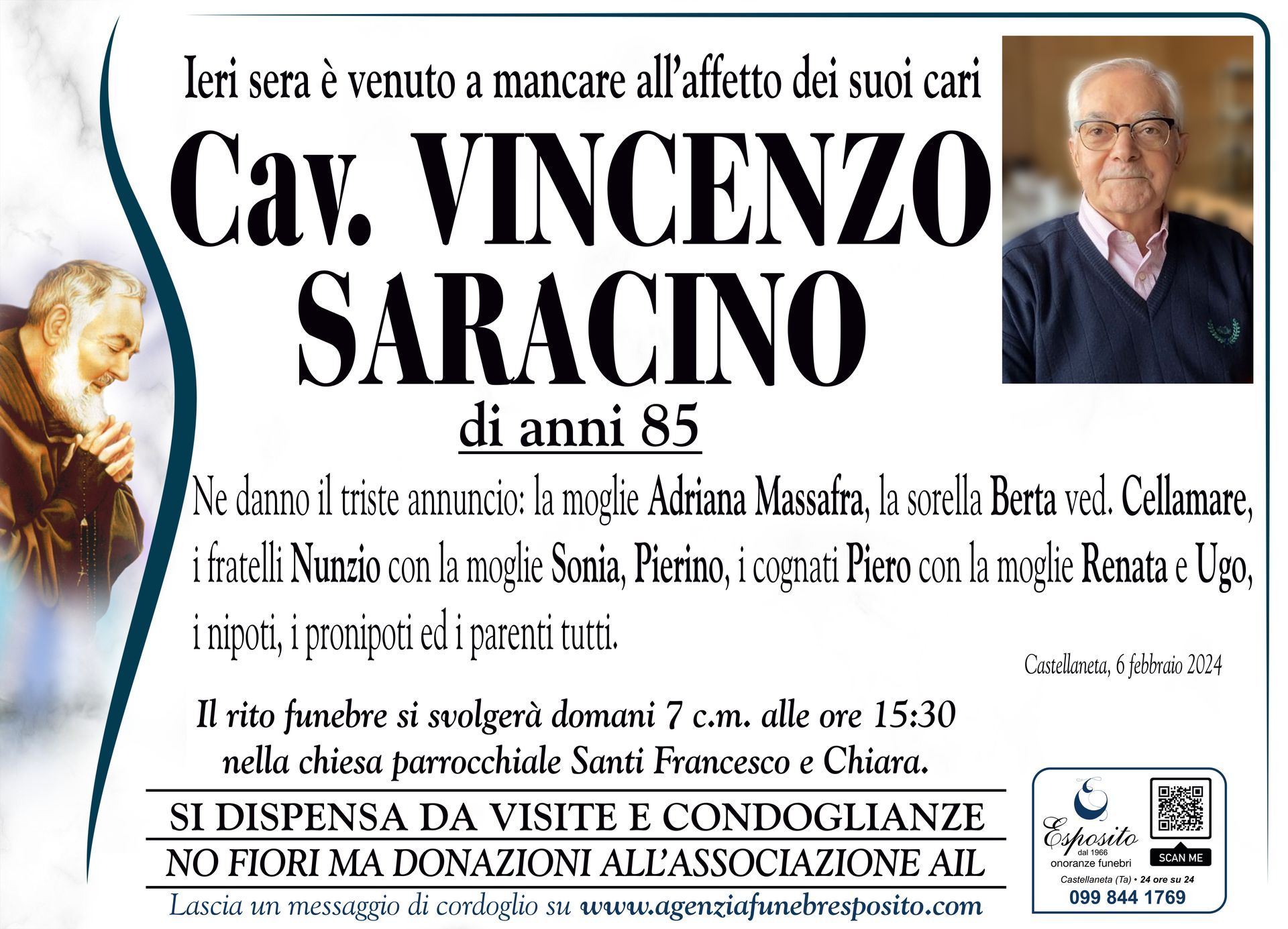 necrologio Cav. Vincenzo Saracino